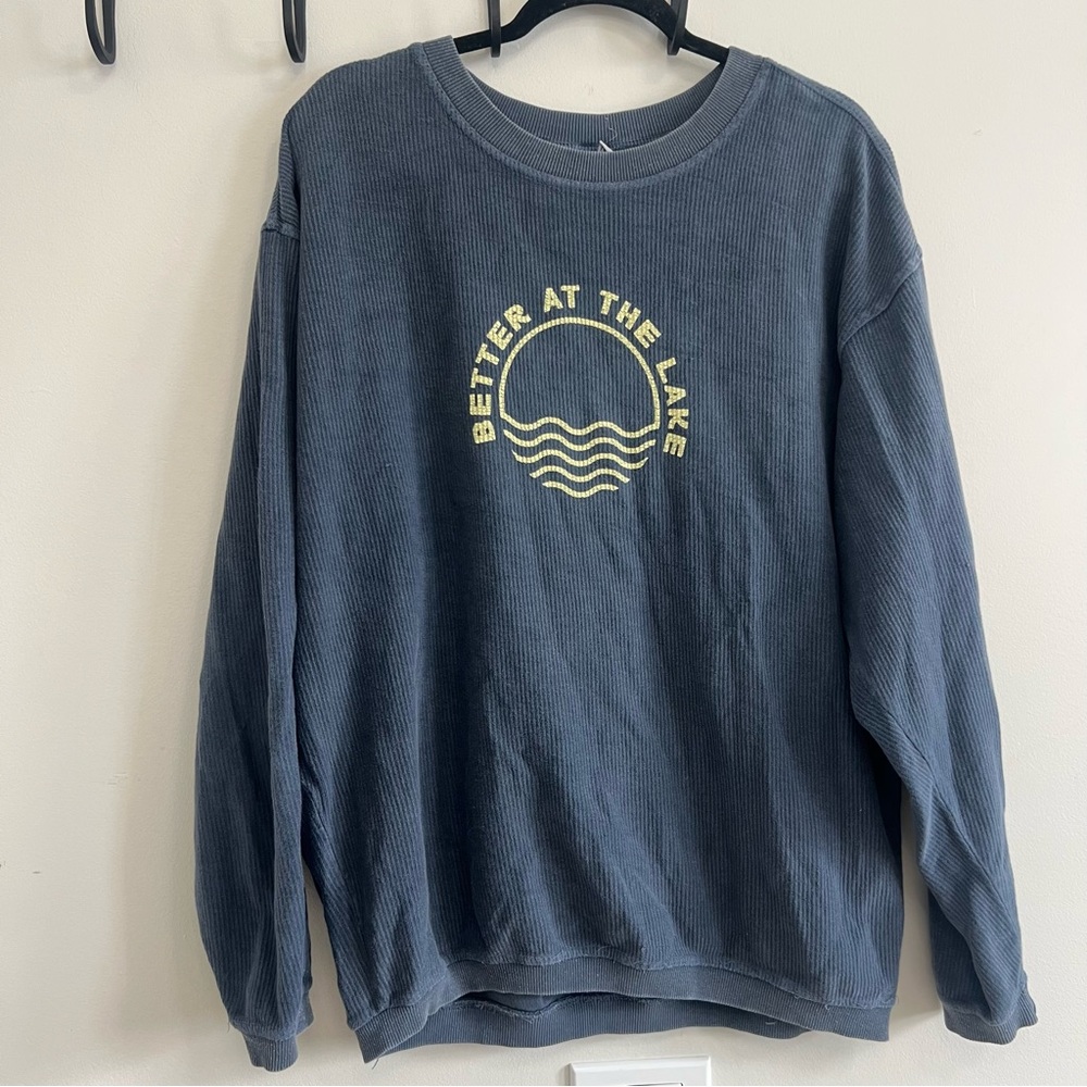 Women’s Slate Blue 'Better at the Lake' Graphic Sweater Novelty Ribbed Crewneck